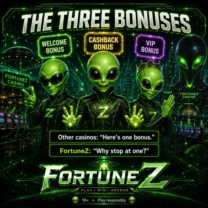A vibrant green-toned promotional graphic for FortuneZ Casino featuring three alien mascots, each labeled with one of the casino's three bonuses: "Welcome Bonus," "Cashback Bonus," and "VIP Bonus." The tagline reads "Other casinos: 'Here's one bonus.' FortuneZ: 'Why stop at one?'" reinforcing the post's message about FortuneZ offering triple the bonus opportunities compared to competitors.