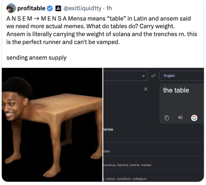 The image shows a meme combining a person with a table-like torso, captioned with "ANSEM -> MENSA" and a Google Translate search for "the table." This visual humor plays on the Latin meaning of "Mensa" as "table" and the idea of "carrying weight," as explained in the accompanying post.
