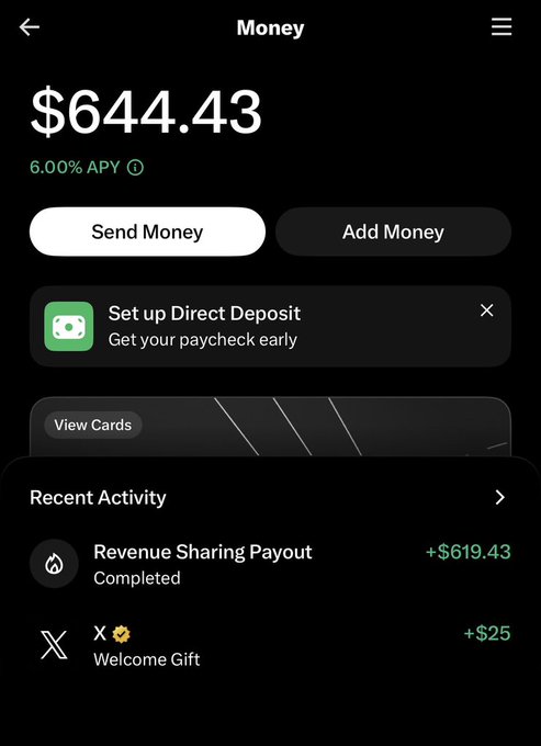 A mobile banking app screen showing a balance of $644.43 with 6.00% APY, including recent activity for a 'Revenue Sharing Payout' of +$619.43 and a 'Welcome Gift' of +$25.