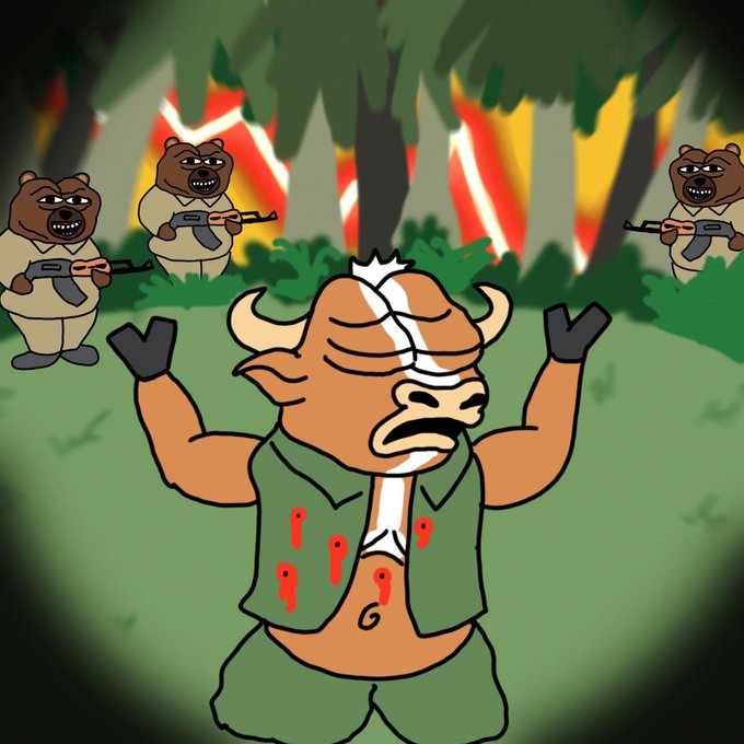 A cartoon bison (Buffalo) wearing a green vest is depicted with blood splatters and a distressed expression, raising its arms in surrender as three armed bear soldiers with AK-47s surround it in a burning jungle. The imagery directly visualizes the "OPEN SEASON ON HYPE BULLS" caption by portraying the bull (a stock market symbol) being hunted down by bearish forces.