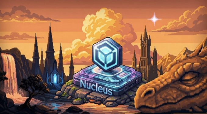 A pixel-art style image features a glowing hexagonal cube icon atop a pedestal labeled "Nucleus," set against a fantasy landscape with castles, a waterfall, and a dragon silhouette at sunset, symbolizing foundational infrastructure. This aligns with the post's message about early, foundational contributors in Web3—those who quietly build the "nucleus" before the spotlight arrives.