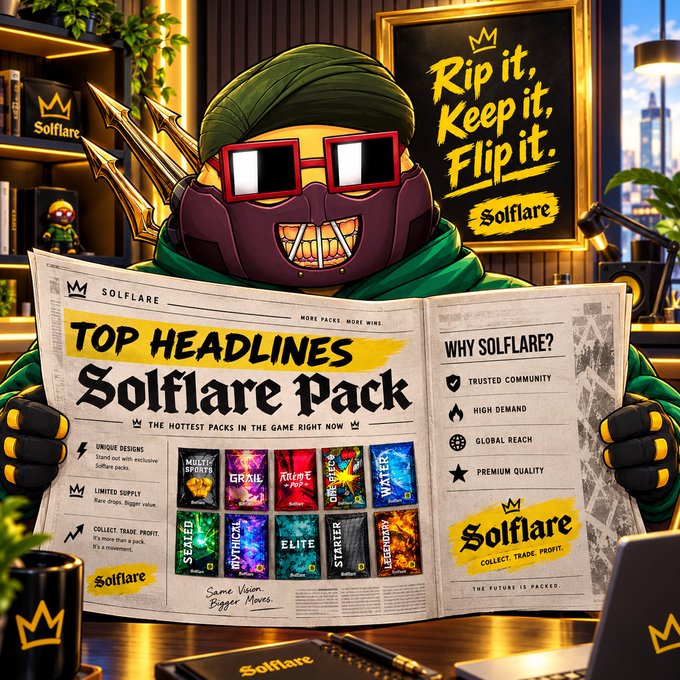 An illustrated character with red glasses reading a newspaper titled 'TOP HEADLINES Solflare Pack', featuring the tagline 'Rip it, Keep it, Flip it.'