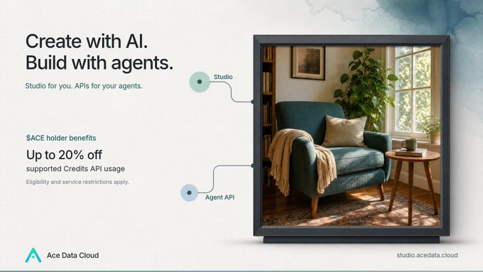 An advertisement for Ace Data Cloud reading 'Create with AI. Build with agents. Studio for you. APIs for your agents' and offering 'Up to 20% off supported Credits API usage' for SACE holders, with the URL studio.acedata.cloud.