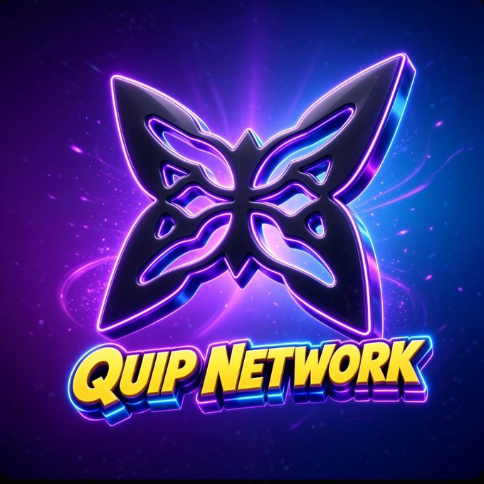 A vibrant purple and blue logo graphic for 'QUIP NETWORK' featuring a stylized butterfly design with neon glowing outlines.