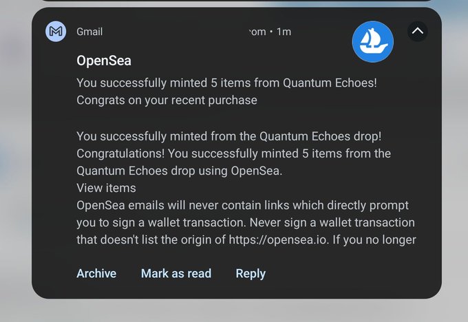 Gmail notification from OpenSea stating 'You successfully minted 5 items from Quantum Echoes! Congrats on your recent purchase,' with options to archive, mark as read, or reply.