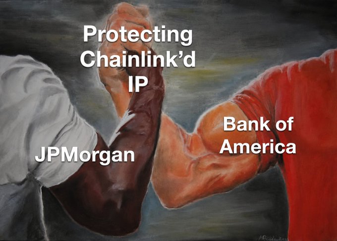 A parody of the famous "arm wrestling" painting showing two muscular arms, labeled "JPMorgan" in white and "Bank of America" in red, competing over text reading "Protecting Chainlink'd IP."