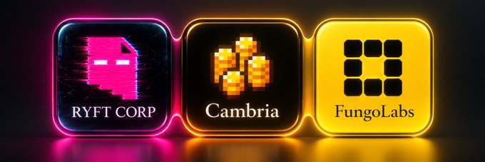 Three illuminated square icons are displayed side by side against a dark background: 'RYFT CORP' in pink neon with a glitchy face design, 'Cambria' in orange neon featuring pixelated coins, and 'FungoLabs' in yellow neon with a grid logo.