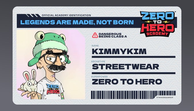 An 'OFFICIAL ACADEMY IDENTIFICATION' card for 'Zero to Hero Academy' featuring a cartoon character with a mustache wearing a green frog hat, with the name 'KIMMYKIM', archetype 'STREETWEAR', and superpower 'ZERO TO HERO'.