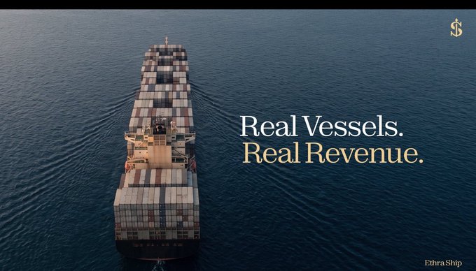 An aerial view of a large container ship on the ocean with overlaid text reading 'Real Vessels. Real Revenue.' and 'Ethra Ship' in the bottom corner.