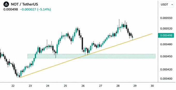 The image shows a candlestick chart of NOT/TetherUS (NOT/USDT) on what appears to be a 4-hour timeframe, with the current price at $0.000498 (down 5.14%), featuring a rising trendline support and a highlighted horizontal support zone around $0.00045–$0.00048, which aligns with the post's observation of this key support area to watch for a potential dip before the next bullish move.
