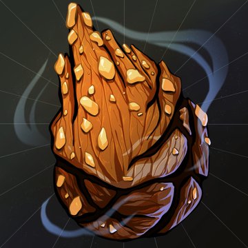 Digital illustration of a brown, rocky, crystal-encrusted fist or gauntlet emitting wisps of smoke, rendered in a stylized comic art style.