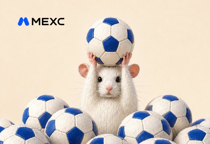 A white mouse holds a blue and white soccer ball above its head while surrounded by a pile of matching soccer balls, with the MEXC logo displayed in the top left corner—cleverly tying into the MEXC Kickoff Fest campaign by riffing on the "rat" pun and the 8 million USDT World Cup-themed prize pool.