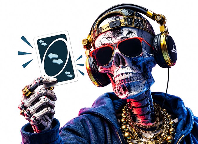 A stylized 3D render of a skeleton wearing gold and black Beats headphones, red sunglasses, and gold chains, holding up a card with a rocket logo and stone-like icons.