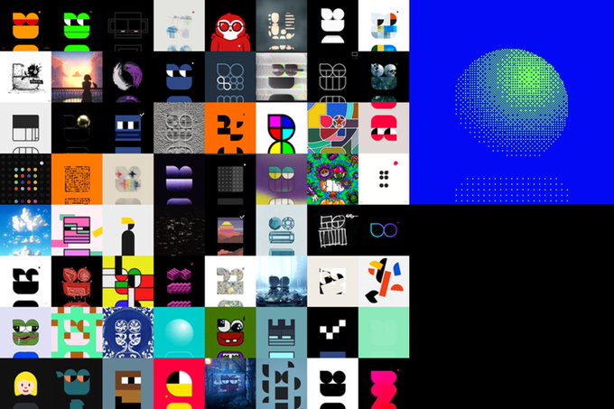 A grid of various NFT-style digital artworks featuring colorful abstract and stylized designs, with a large blue sphere made of dots occupying the right portion of the image.