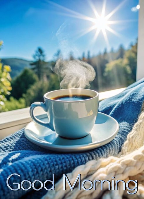 A steaming white coffee cup sits on a blue knitted blanket by a window with a bright sun and mountain view, with 'Good Morning' text at the bottom.