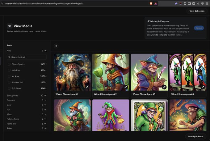 A web interface for 'opensea.io' showing a 'View Media' page for the 'staccs-robinhood-homecoming-collection' with various 'Wizard Shenanigans' NFT images and trait filters.