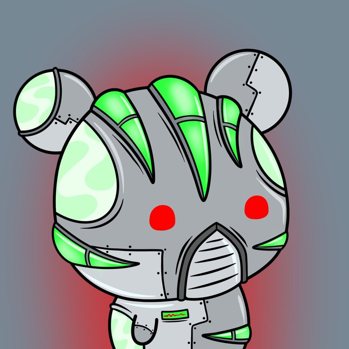 A cartoon illustration of a robotic bear-like character with a gray metallic body, green glowing accents, and red eyes stands against a gray background.