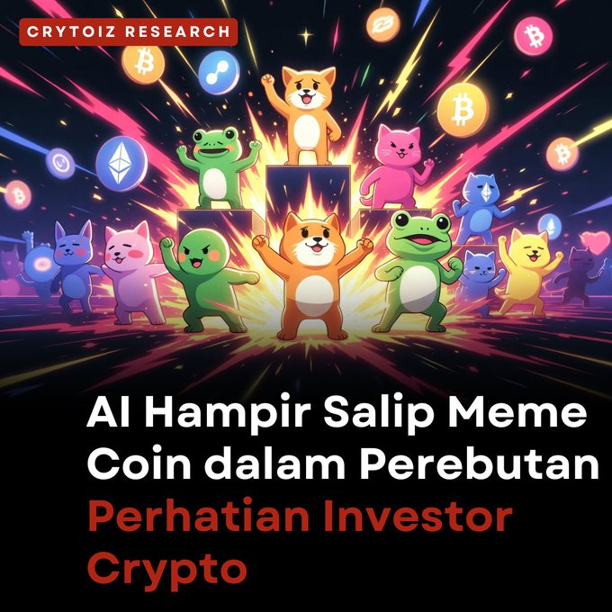 A "CRYTOIZ RESEARCH" graphic features cartoon cats, frogs, and dog characters celebrating amid glowing cryptocurrency symbols, with the headline "AI Hampir Salip Meme Coin dalam Perebutan Perhatian Investor Crypto."