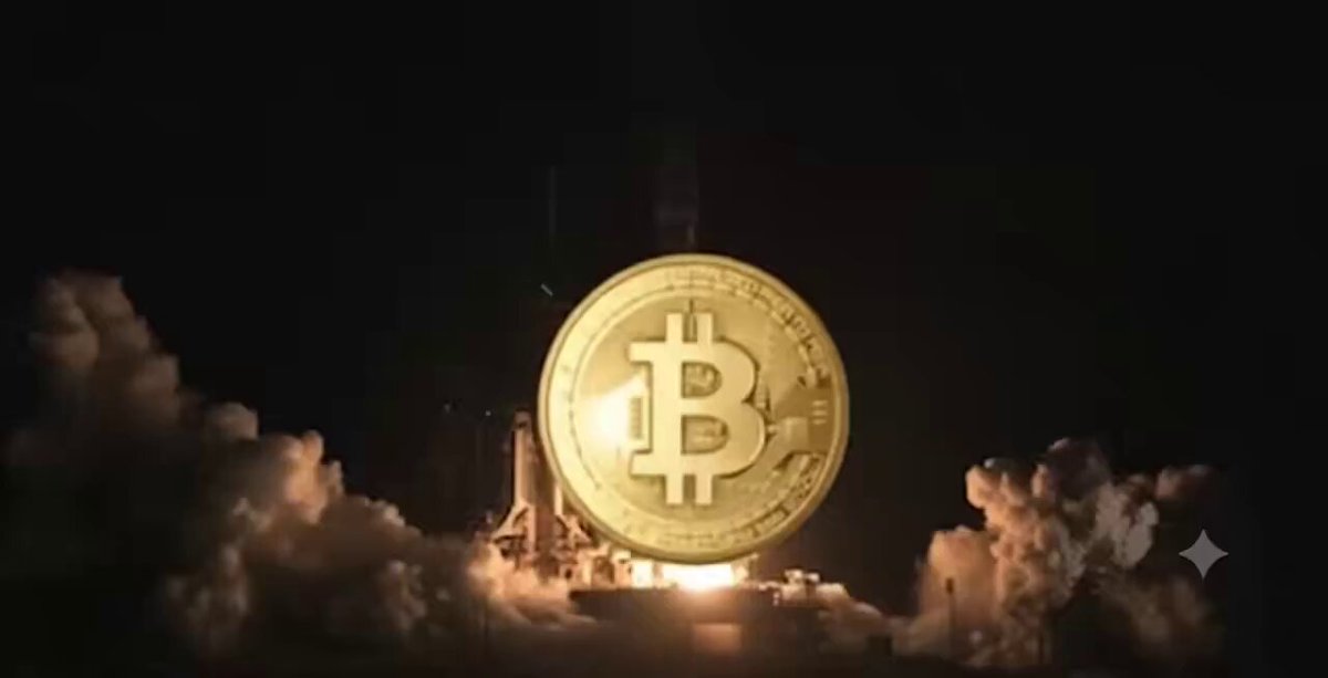 The image features a large golden coin, possibly a Bitcoin, being launched into space by a rocket. The coin is positioned at the center of the frame with smoke coming out from behind it, indicating that the rocket has just taken off or is still in the process of launching. The background of the image is dark and black, which contrasts with the bright golden color of the coin and emphasizes its presence. The caption below the image reads "time to rotate into crypto", suggesting a connection between the coin's launch and the rotation of cryptocurrency markets.