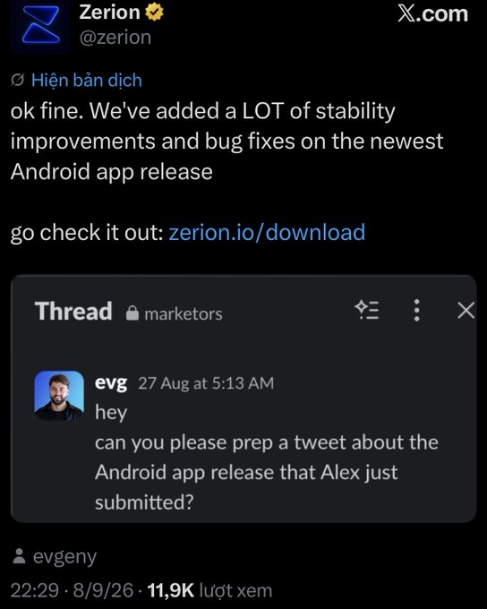 A screenshot of a tweet from Zerion (@zerion) announcing stability improvements and bug fixes on their newest Android app release, linking to zerion.io/download. The tweet includes a screenshot of a Slack thread where 'evg' asks for a tweet about the Android app release submitted by Alex.