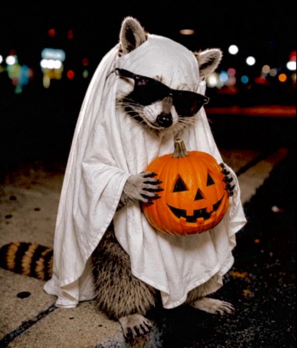 A raccoon wearing a white ghost costume and black sunglasses holds a carved jack-o'-lantern while sitting on a sidewalk at night.