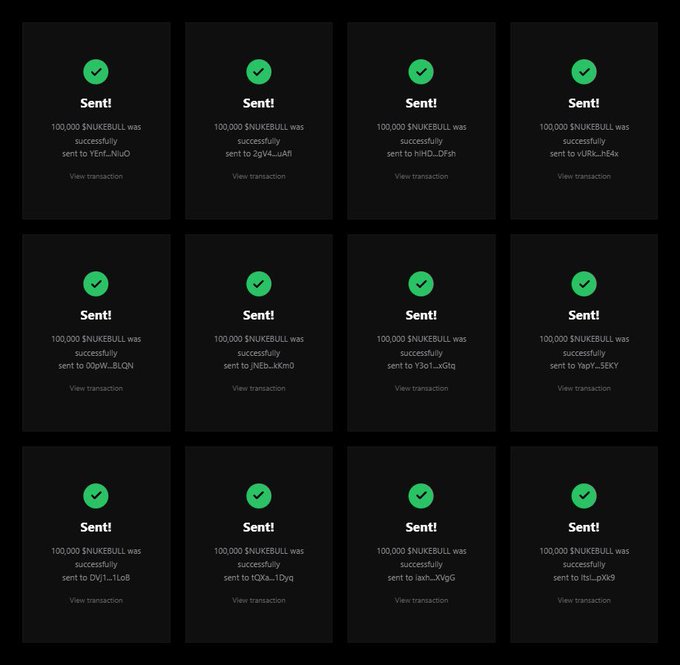 A grid of twelve dark confirmation popups showing 'Sent!' messages, each noting that 100,000 $NUKEBULL was successfully sent to various wallet addresses with a green checkmark.