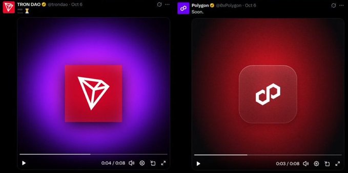 Two side-by-side video screenshots from X (Twitter) show the "TRON DAO" account @trondao displaying a pink TRON logo on a purple background, and the "Polygon" account @0xPolygon displaying a Polygon logo on a red background with the text "Soon."