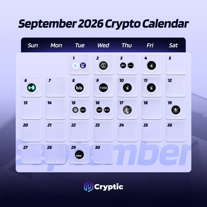 A "September 2026 Crypto Calendar" graphic from Cryptic displays the month's dates in a grid format, highlighting key crypto and macroeconomic events with logos for SUI (1st), various tokens on the 2nd, BounceBit (8th), a Binance token (9th), and Zcash (19th), along with notable unlocks for KAWA (29th) and other supply events. The calendar visually maps out the month's major catalysts, including central bank liquidity decisions and ecosystem token unlocks referenced in the accompanying post about Q4 direction-setting events.