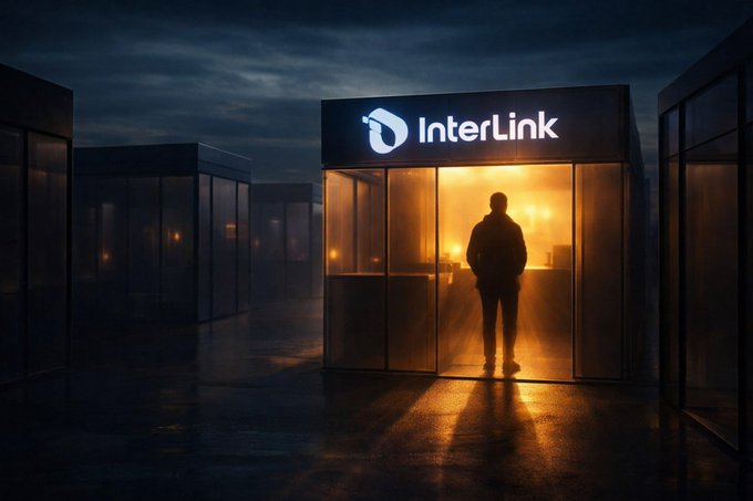 The image features a person standing outside of an @inter_link store at night with their back facing the camera. The store has a lit sign that says "@inter_link" above its entrance, which suggests that this location could be a marketplace or a hub for digital content creators and users to connect and share information. The image also includes a caption that reads "@inter_link #ITLG #ITL". This caption emphasizes the importance of human interaction in the context of @inter_link's purpose as an app store, where real people power the network by creating and sharing apps.