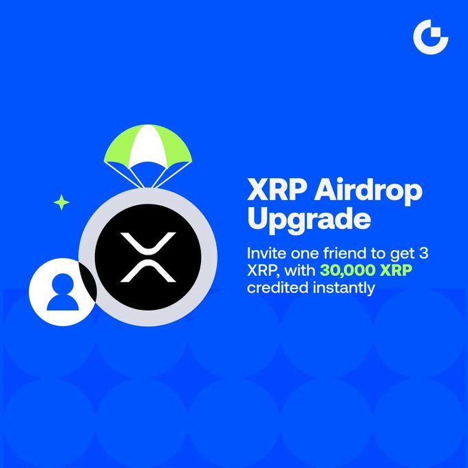 The image is a promotional graphic with a blue background featuring the XRP logo on a parachute and a user icon, advertising an "XRP Airdrop Upgrade" that offers 3 XRP per referral and 30,000 XRP credited instantly, directly illustrating the referral-based airdrop offer described in the post.