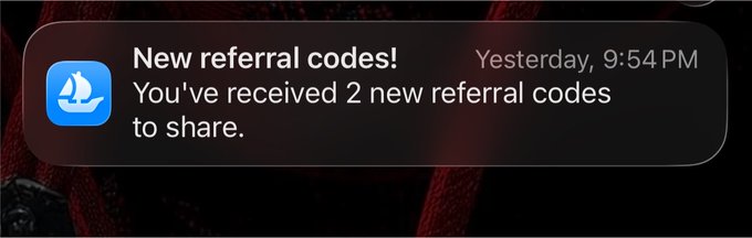 A notification from the OpenSea app reads "New referral codes! You've received 2 new referral codes to share," sent yesterday at 9:54 PM, which corresponds to the shared referral codes "9VX586" and "FXB4S3" mentioned in the post.