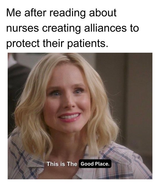 The image features a woman wearing a plaid shirt who appears to be smiling at the camera. The caption reads "Me after reading about nurses creating alliances to protect their patients." This text seems unrelated to the main subject of the image, which is the woman in the plaid shirt. It could potentially confuse or distract viewers from the actual content of the image.