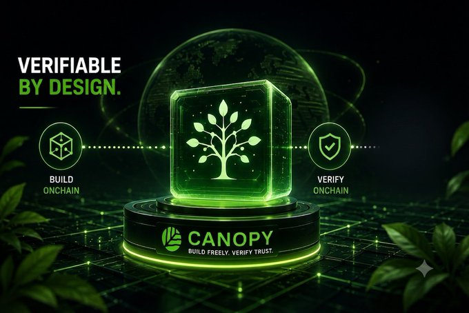 The image is a promotional graphic for "CANOPY" featuring the tagline "VERIFIABLE BY DESIGN. BUILD FREELY. VERIFY TRUST." alongside icons labeled "BUILD ONCHAIN" and "VERIFY ONCHAIN," visually reinforcing the post's message about blockchain transparency replacing blind trust in Web3 systems. A glowing green cube with a tree emblem sits at the center, symbolizing Canopy's on-chain verifiability framework.