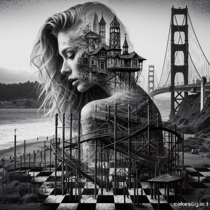 A surreal black-and-white double-exposure portrait of a serene woman with eyes closed, whose silhouette merges into a fantastical cityscape, the Golden Gate Bridge, a beach, and an intricate maze-like staircase—symbolizing the layered complexity and dreamscape of the day, fitting the uplifting "Happy #TEZOSTUESDAY" mood. The watermark "cakes6art" is visible in the bottom right corner.