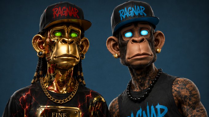 Two stylized 3D digital art characters, a golden monkey-like figure and a realistic chimpanzee, both wearing black caps with 'RAGNAR' written in stylized graffiti lettering, gold earrings, and tank tops.