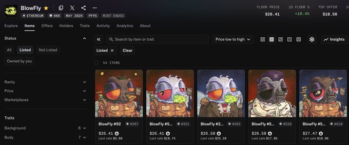 BlowFly NFT marketplace interface showing floor price of $26.41 (+10.4%), top offer $18.56, with listed items featuring cartoon fly characters.