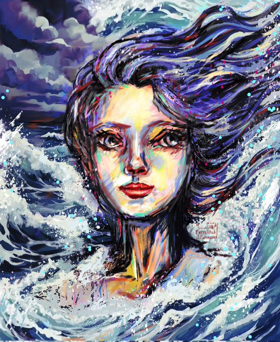 A vibrant painting of a woman's face emerging from crashing ocean waves, signed by Ferchita Llamas.