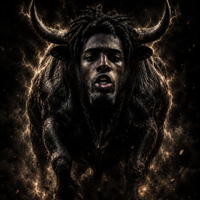 A dark, dramatic digital artwork of a horned bull-like creature with a human face, surrounded by crackling golden lightning against a black background.