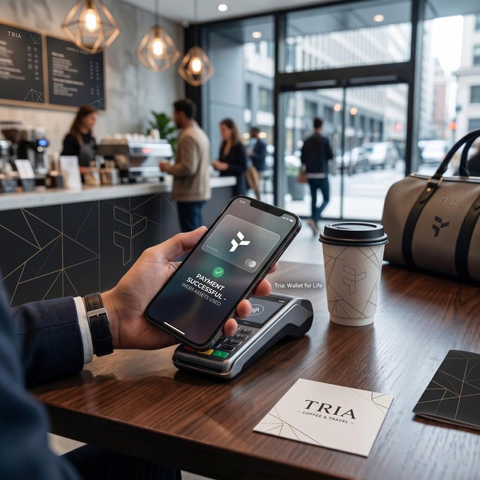 iced coffee and a black purse rest on a wooden table, with a person holding a phone displaying "Payment" and "Welcom" messages.