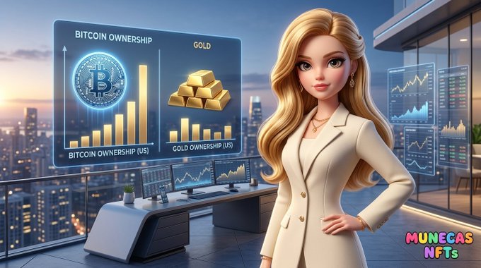 A digital illustration by Muneças NFTs depicting a blonde woman in a white blazer in a modern high-rise office, with charts comparing 'BITCOIN OWNERSHIP' vs 'GOLD' displayed on screens behind her.