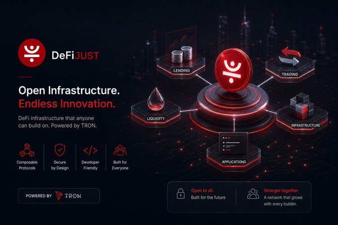 A promotional banner for 'DeFiJUST' with the tagline 'Open Infrastructure. Endless Innovation.', highlighting features like Lending, Trading, Liquidity, and Applications, powered by TRON.