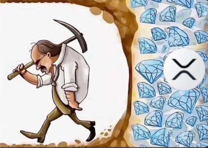 A cartoon illustration depicts a weary miner with a pickaxe walking away from a pile of diamonds, next to an XRP (XRP) logo coin, suggesting the metaphor of cryptocurrency mining for XRP tokens.