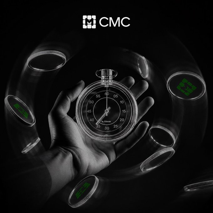 A hand cradles a silver Klever stopwatch against a black background, surrounded by several other floating stopwatches, with the "CMC" logo prominently displayed at the top, visually representing the passage of time and the stages of a miner's evolving relationship with checking their crypto mining activity.