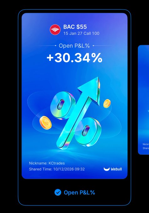 A mobile screenshot from Webull displays a successful options trade on Bank of America (BAC) — specifically a 15 Jan 27 Call 100 strike — showing an open profit and loss (P&L) of +30.34%, shared by user "KCrades" on 10/12/2026 at 09:32. The bold gain aligns with the post noting they "sold half $BAC +30%," indicating the trader locked in profits by closing half their position at the highlighted gain.