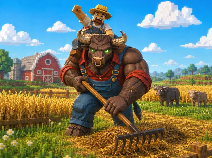 A farmer rides atop a muscular minotaur tilling a wheat field with a rake, mirroring the post's bullish metaphor where the bull has "arrived to the market" to work for Robinhood Crypto. The scene symbolizes the hardworking bull investor ready to put in effort on behalf of the crypto platform.