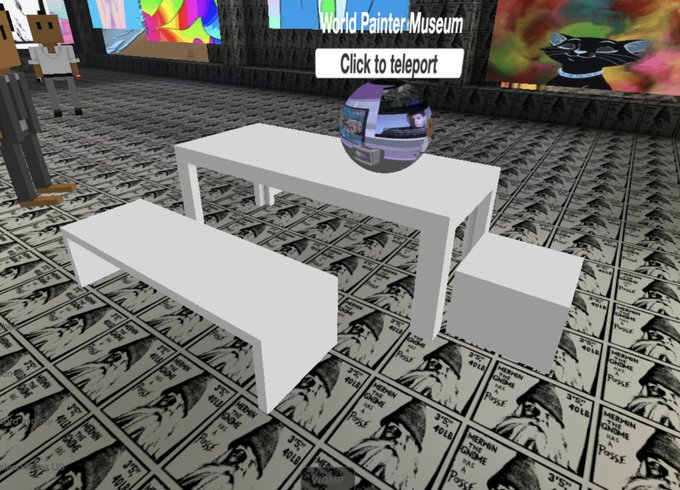 A 3D virtual scene titled 'World Painter Museum' with a 'Click to teleport' button, showing white tables and benches on a floor patterned with newspaper images.