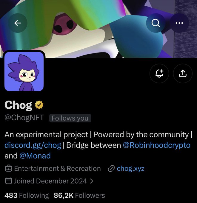 A Twitter/X profile for @ChogNFT showing a verified account with 86.2K followers, described as 'An experimental project | Powered by the community | discord.gg/chog | Bridge between @Robinhoodcrypto and @Monad'.