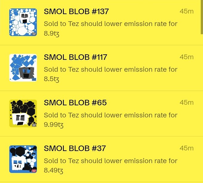 A marketplace listing shows four "SMOL BLOB" NFTs (#137, #117, #65, and #37) priced between 8.49₸ and 9.99₸, each marked "Sold to Tez should lower emission rate for" — confirming the seller's successful sale of all four blobs to the Tezos activist "Tez should lower emission rate" (@tahiti).