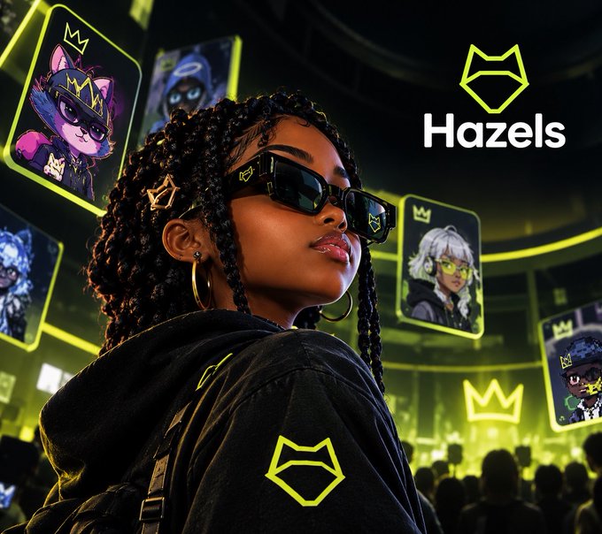 Promotional artwork for 'Hazels' featuring a young woman with braids and dark sunglasses standing before illuminated screens displaying cartoon cat characters, with a yellow crown-like logo in the upper right.
