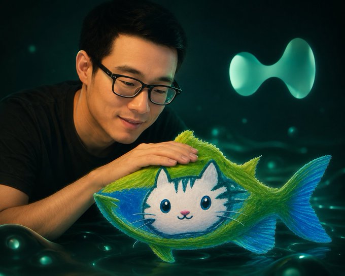 A man with glasses gently pets a whimsical green and blue fish featuring a cute white cat face on its body, set against a dark teal background with a glowing abstract symbol. The image creatively visualizes the "$Catfish" token concept, blending the literal "cat" and "fish" elements into one playful creature to represent the meme coin.